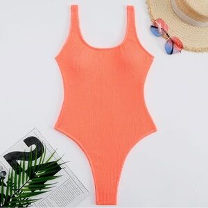 One piece bikini swimsuit scoop neck low back ribbed high cut cheeky